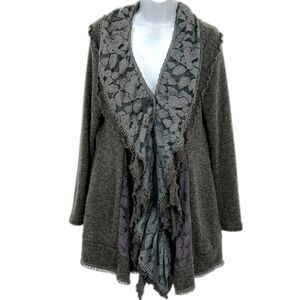 Ryu Anthropologie Waterfall Cardigan Sweater Panels Gray Fabric Lace Ruffle Larg